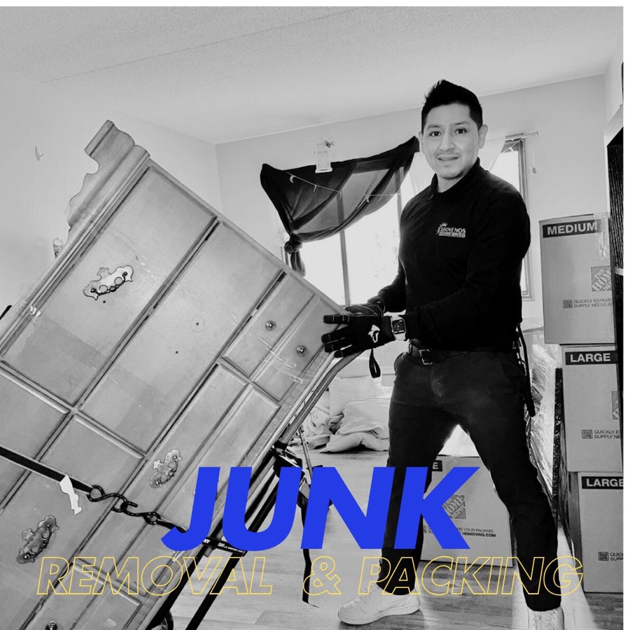 SHINENOS team member hauling furniture during a junk removal job